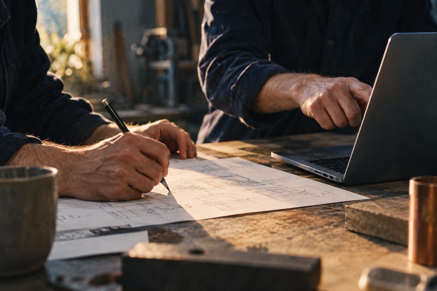 Illustrative scene of colleagues mapping a process together with pencil, paper, and a laptop.